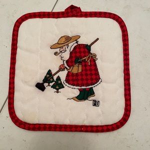 Mary Englebreit gardening Santa potholder & matching tea towel